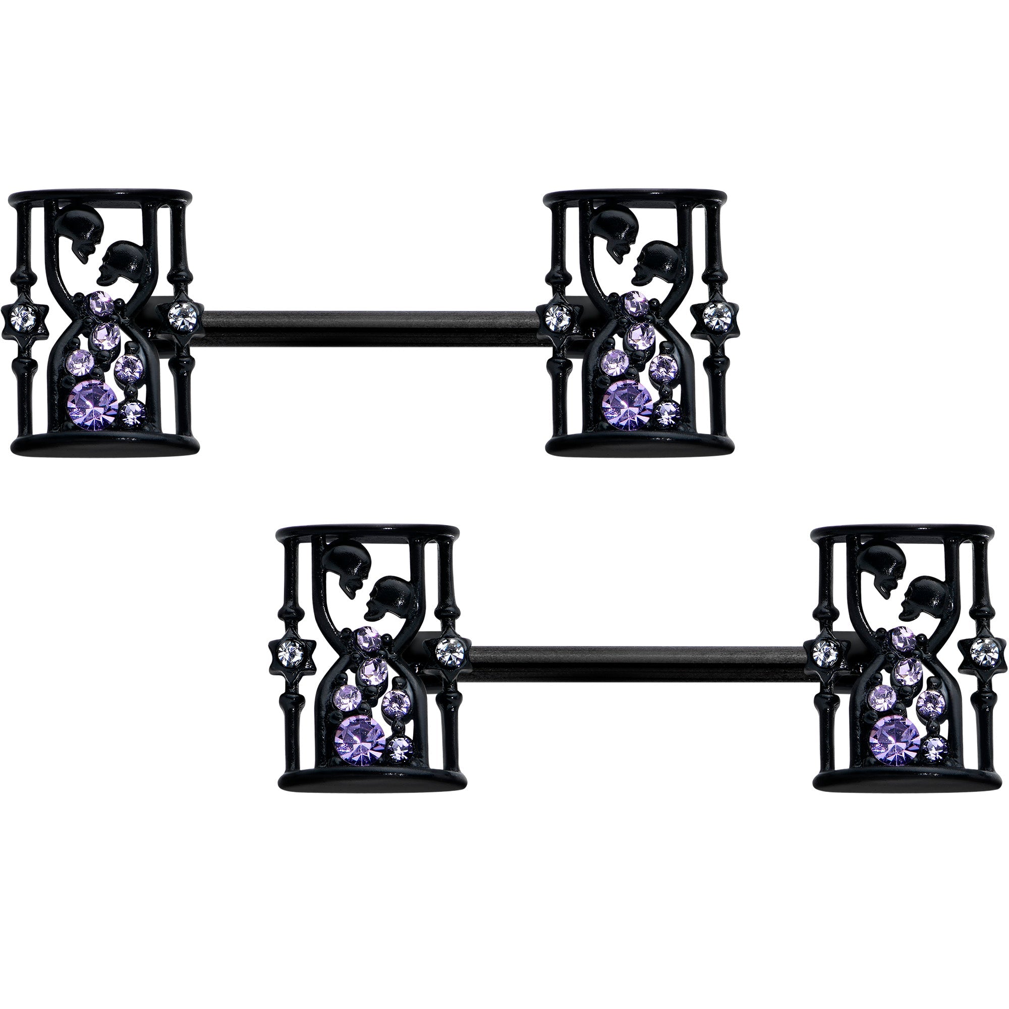 14G 9/16 Clear Purple Gem Black Gothic Hourglass Nipple Ring Set