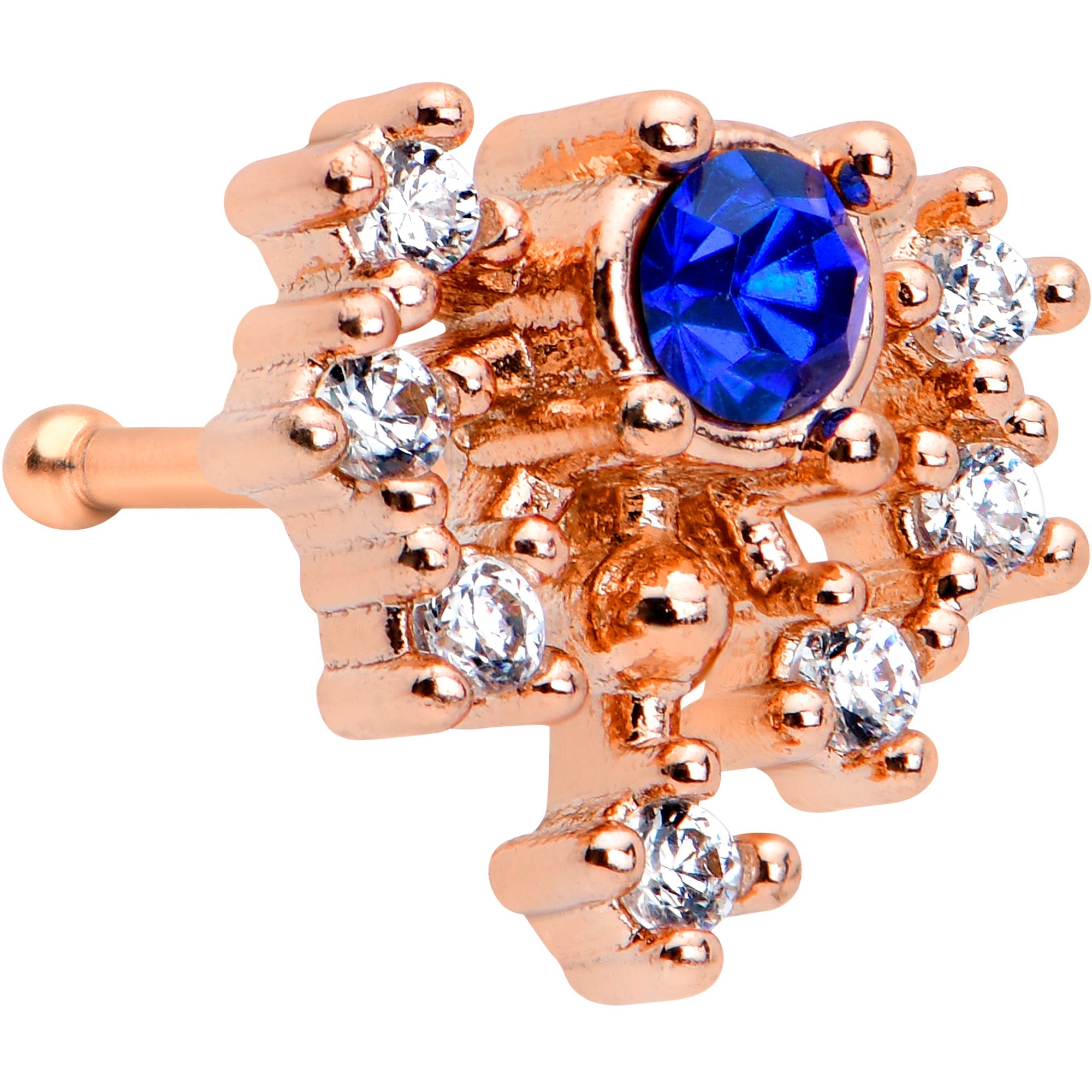 20G 1/4 Blue Clear Gem Rose Gold Tone Glamour Flare Nose Bone