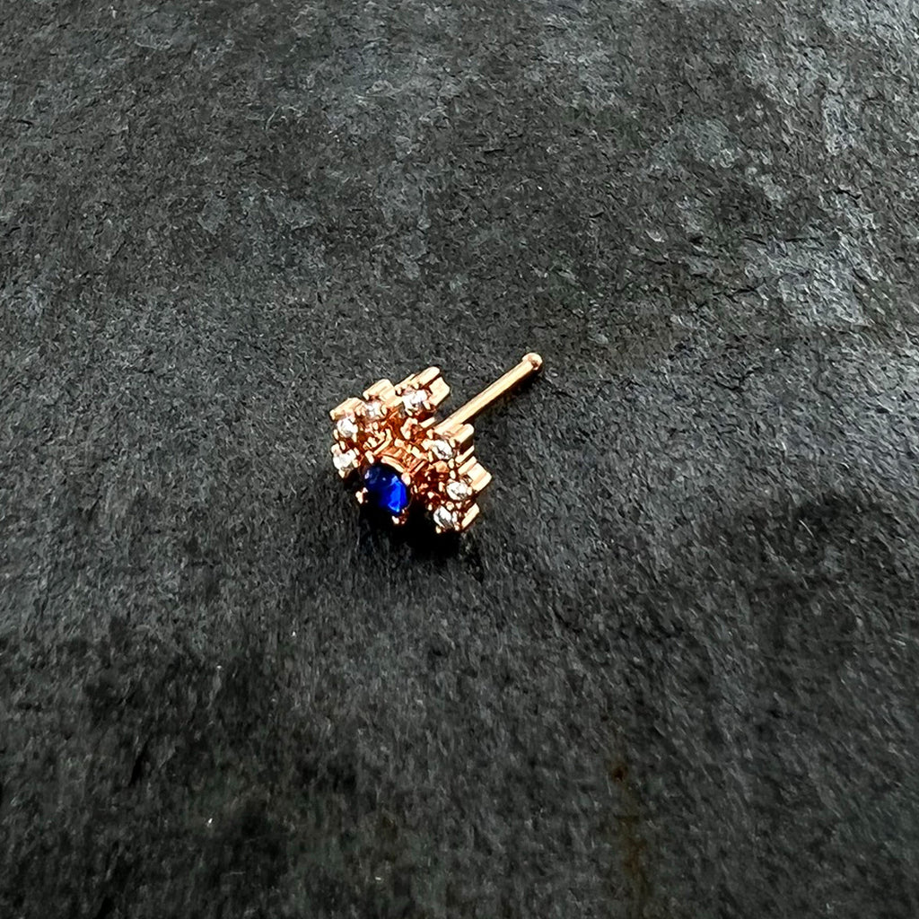20G 1/4 Blue Clear Gem Rose Gold Tone Glamour Flare Nose Bone