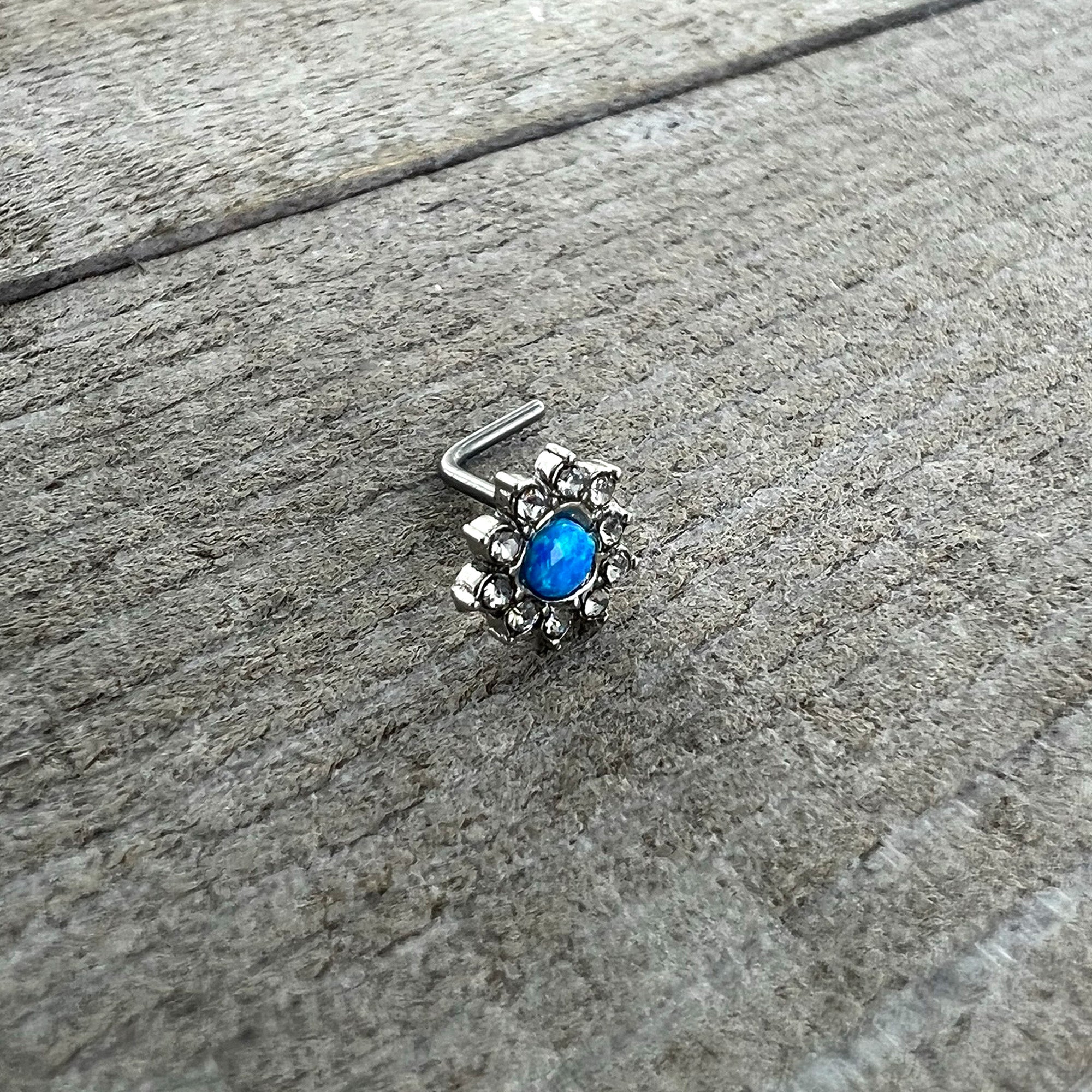 20G 7mm Blue Faux Opal Heart Sun L Shape Nose Ring
