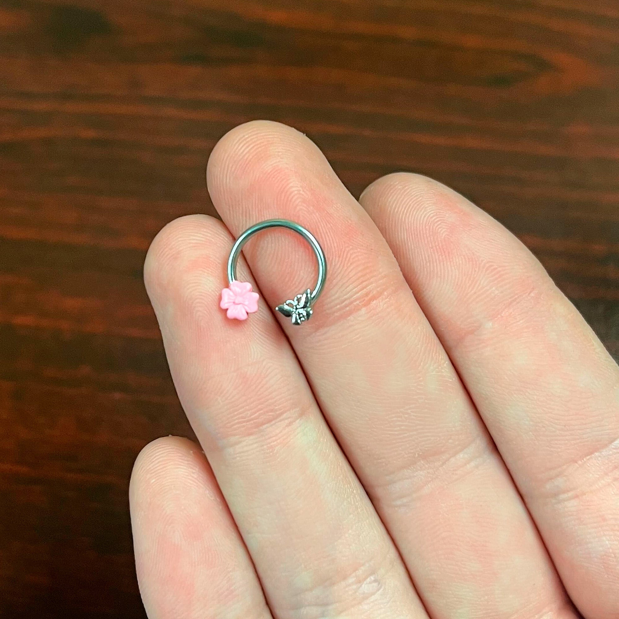 16G 3/8 Butterfly Pink Flower Horseshoe Circular Barbell