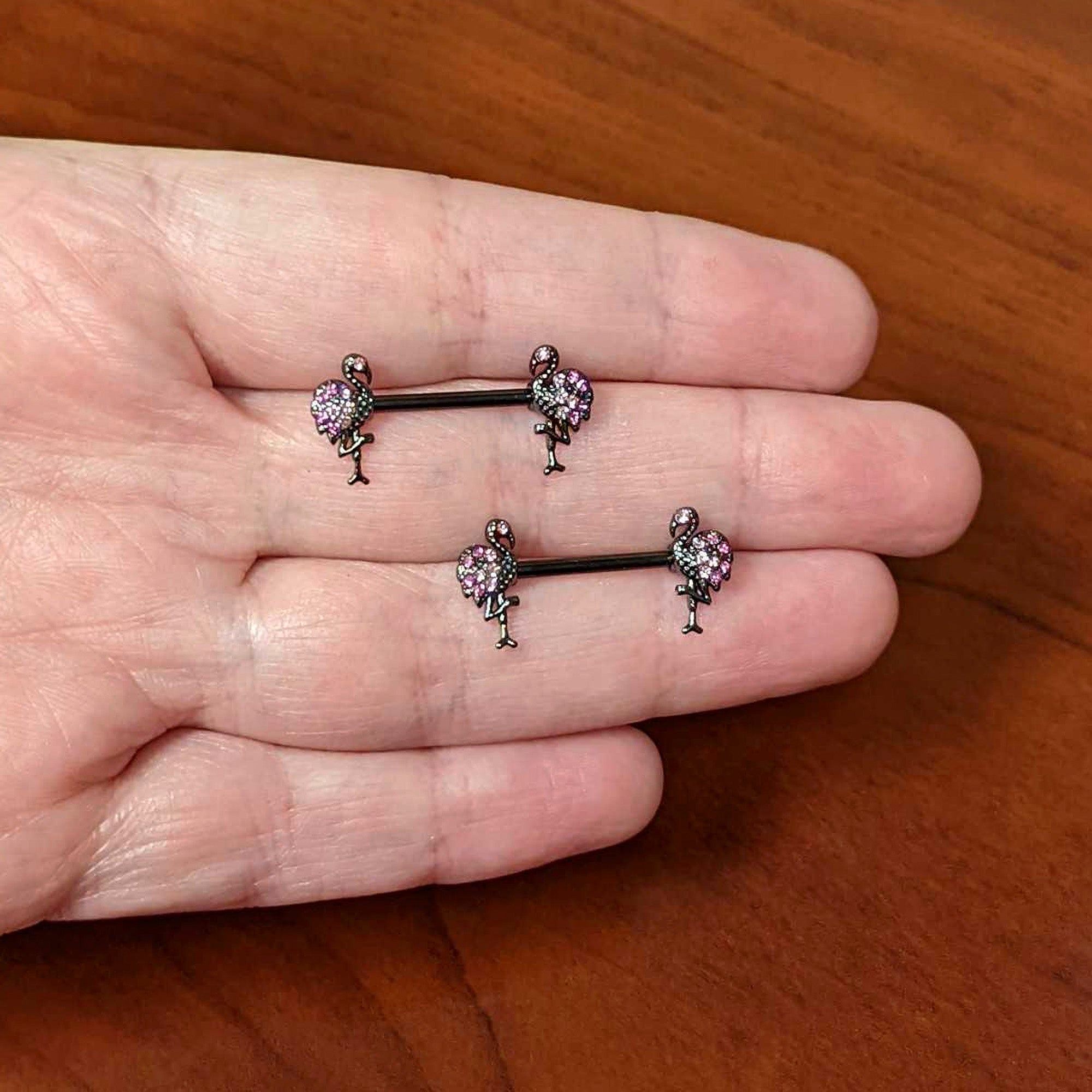 14G 9/16 Pink Gem Black Fashion Flamingo Barbell Nipple Ring Set