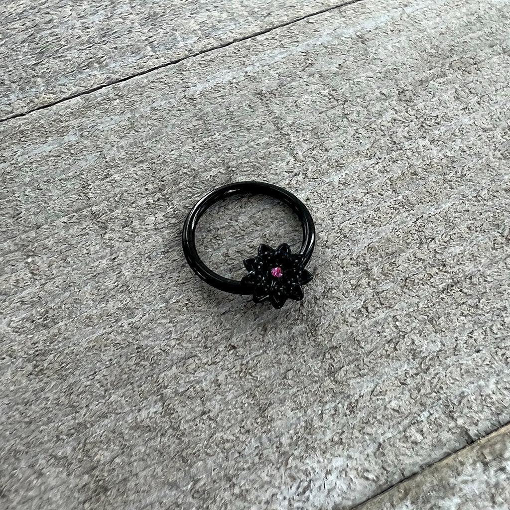 16G 3/8 Pink Gem Black Starry Flower Hinged Segment Ring