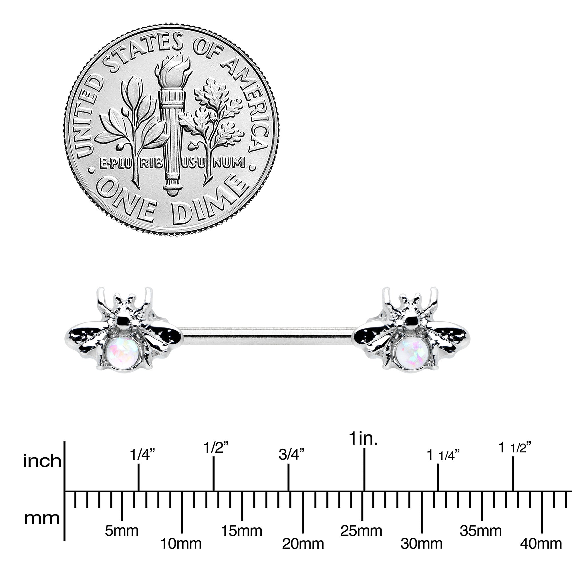 14G 9/16 White Faux Opal Bee Beauty Insect Barbell Nipple Ring Set