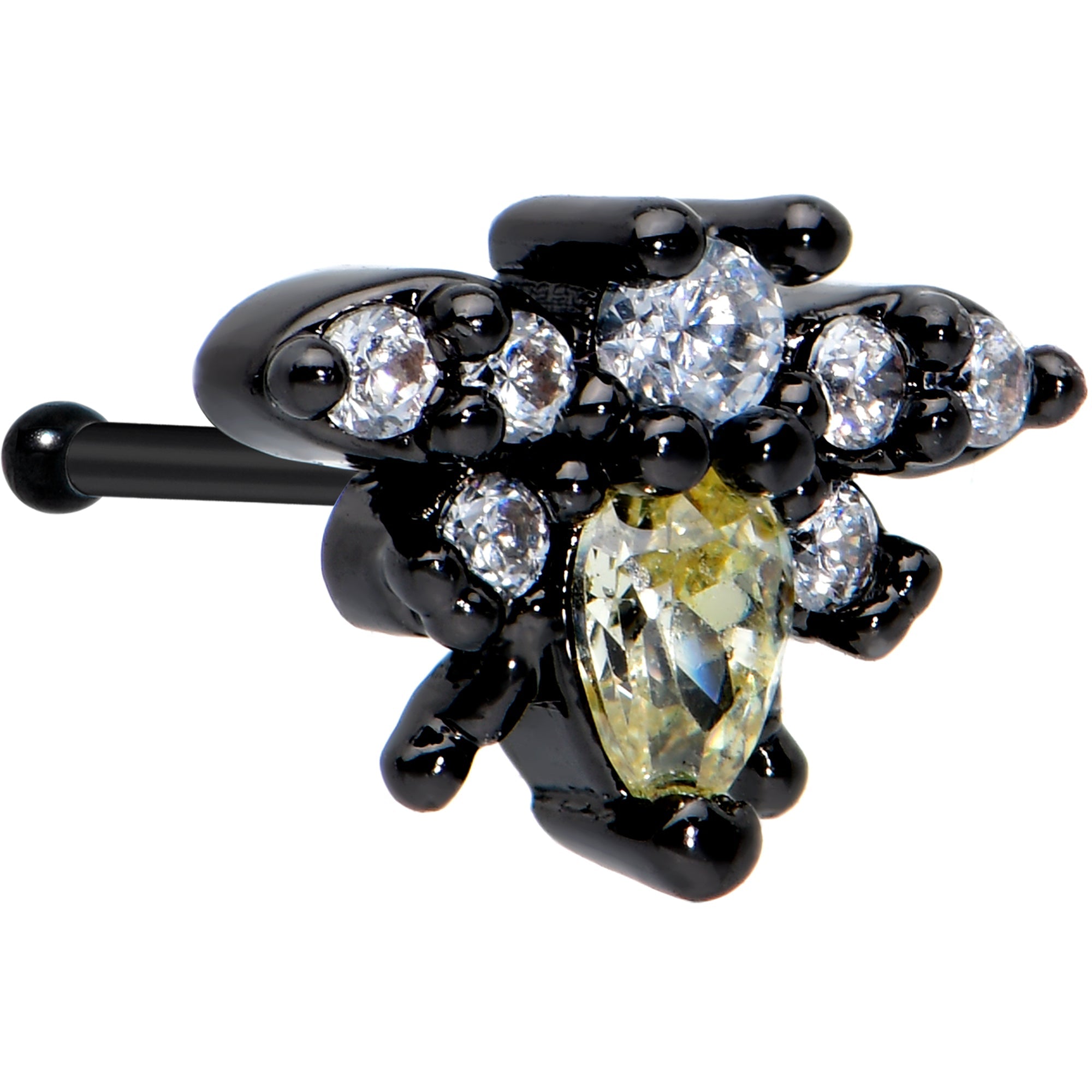 20G 1/4 Clear Yellow Gem Black Butterfly Nose Bone