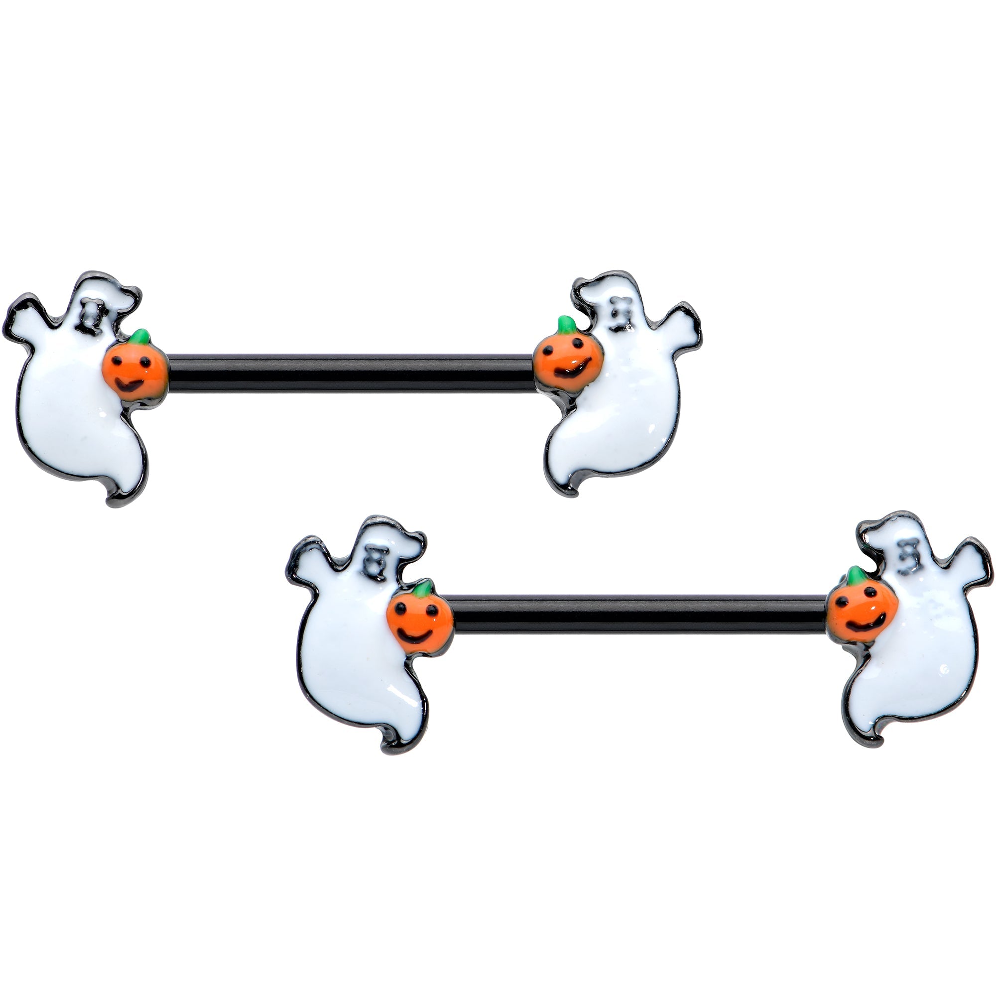 14G 9/16 Black Halloween Pumpkin Ghost Barbell Nipple Ring Set