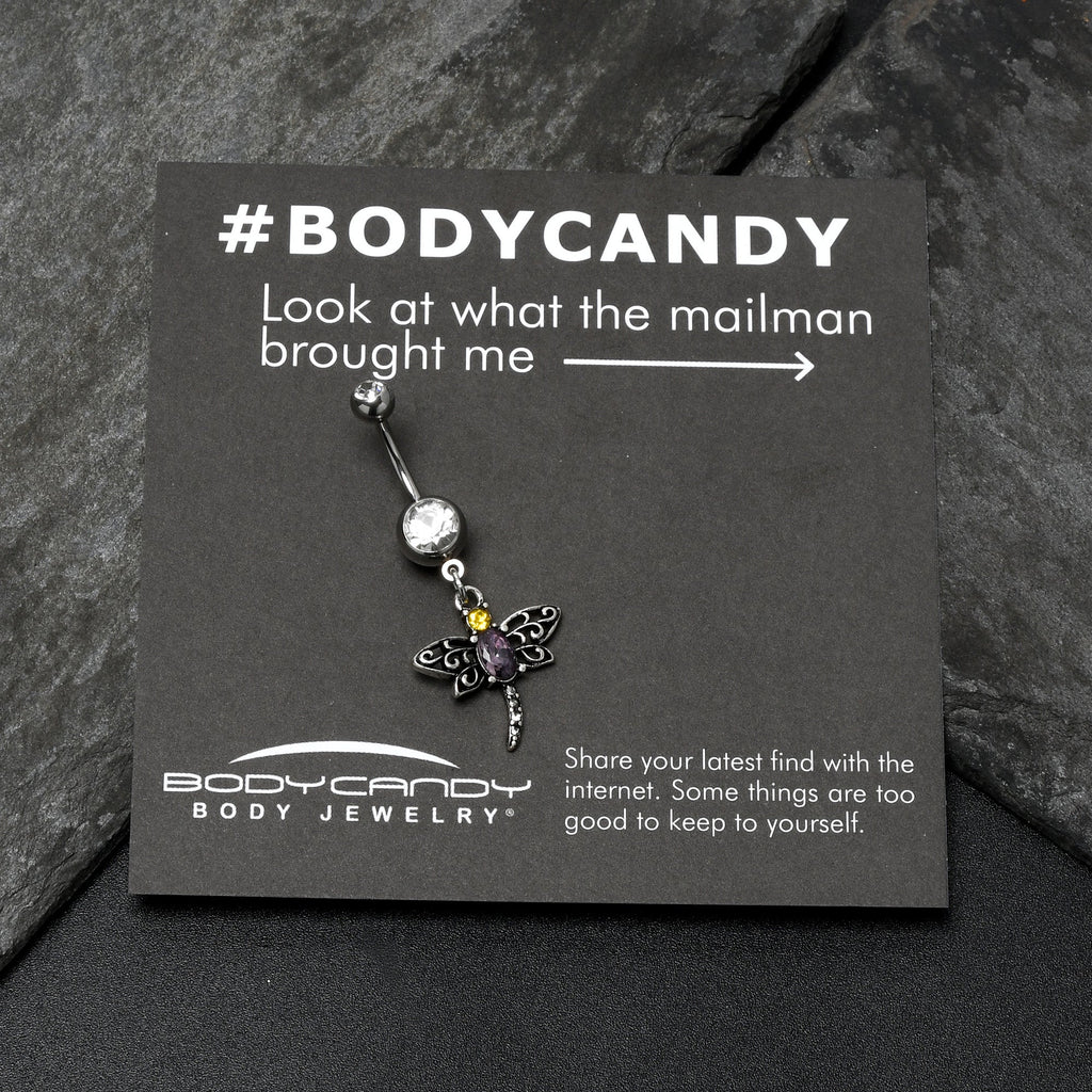 Clear Yellow Purple Gem Dragonfly Dangle Belly Ring