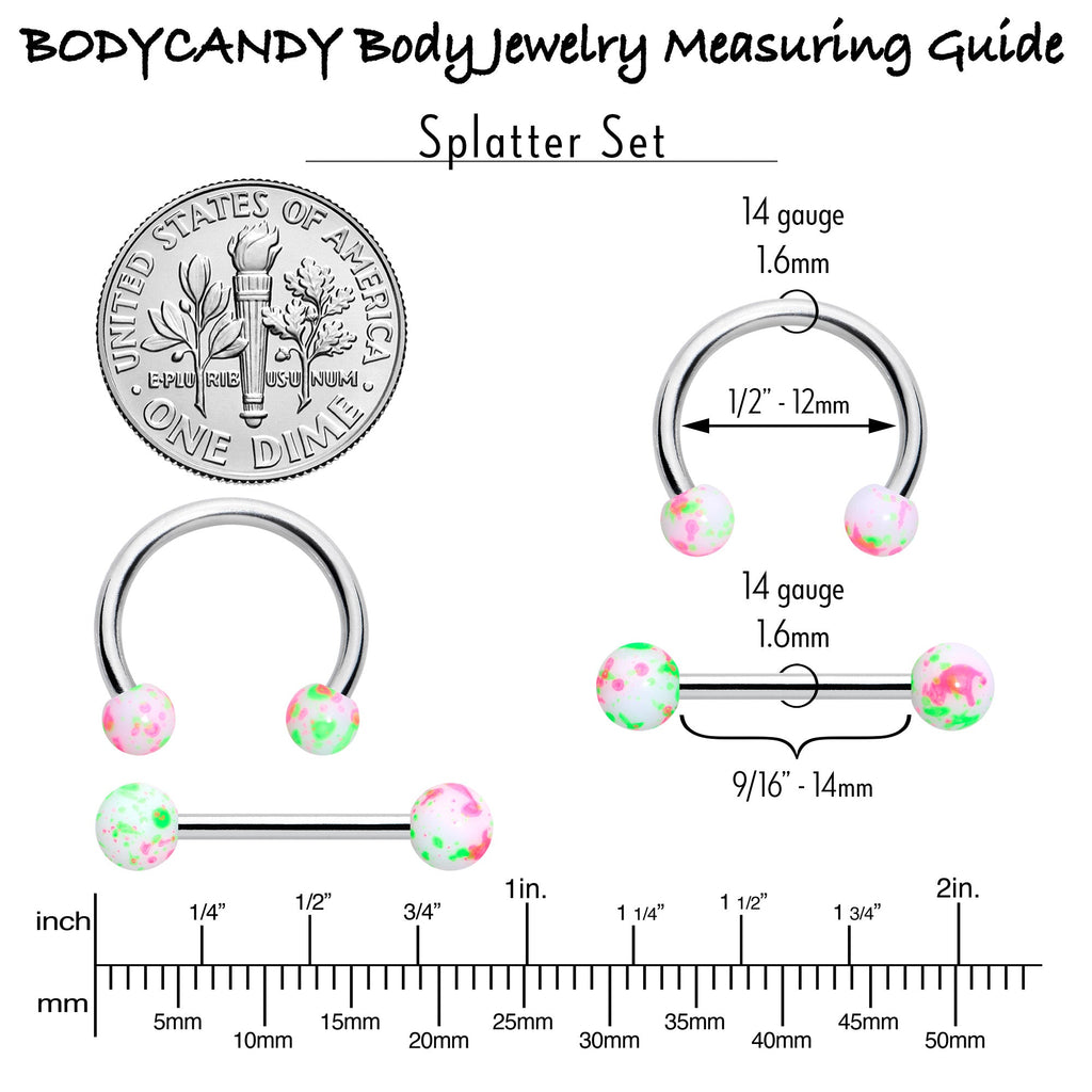 14G 9/16 1/2 Splatter Green Pink Barbell Horseshoe Nipple Ring Set of 4