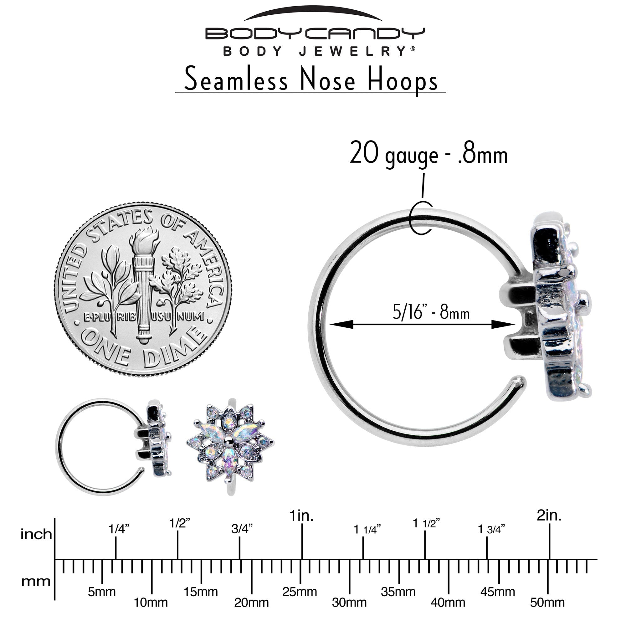 20G 5/16 Aurora CZ Gem Snowflake Style Nose Hoop