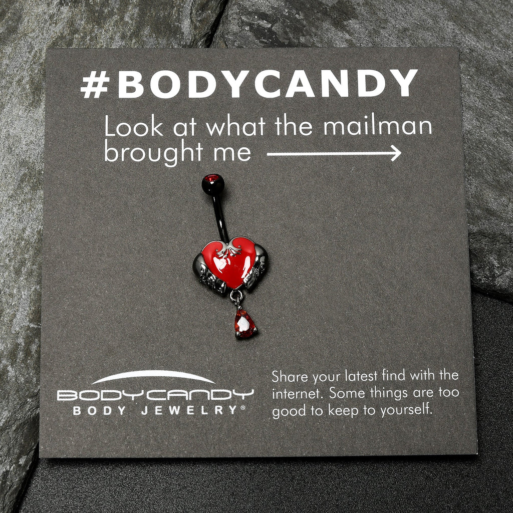 Red CZ Gem Black Double Skull Heart Dangle Belly Ring