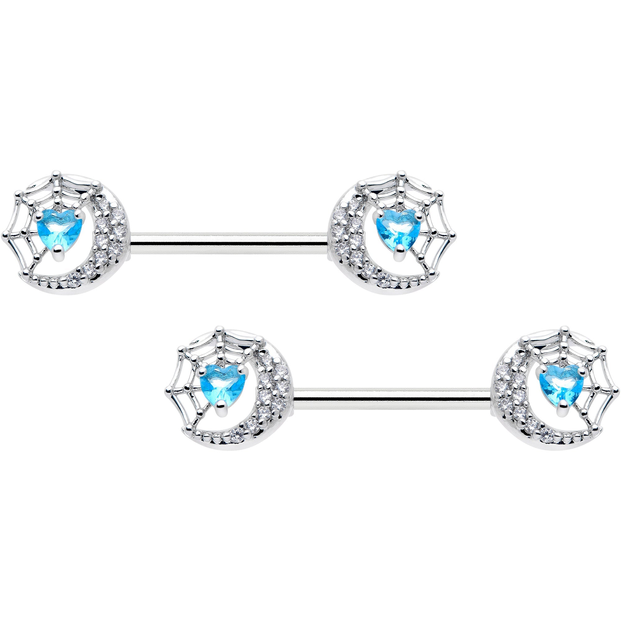 14G 9/16 Blue CZ Gem Heart Web Moon Barbell Nipple Ring Set