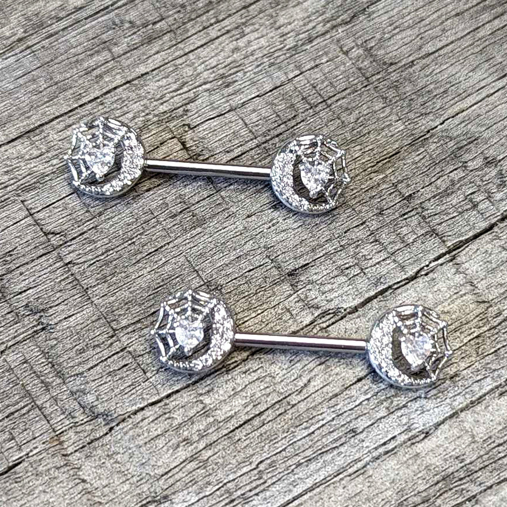 14G 9/16 Clear CZ Gem Heart Web Moon Barbell Nipple Ring Set