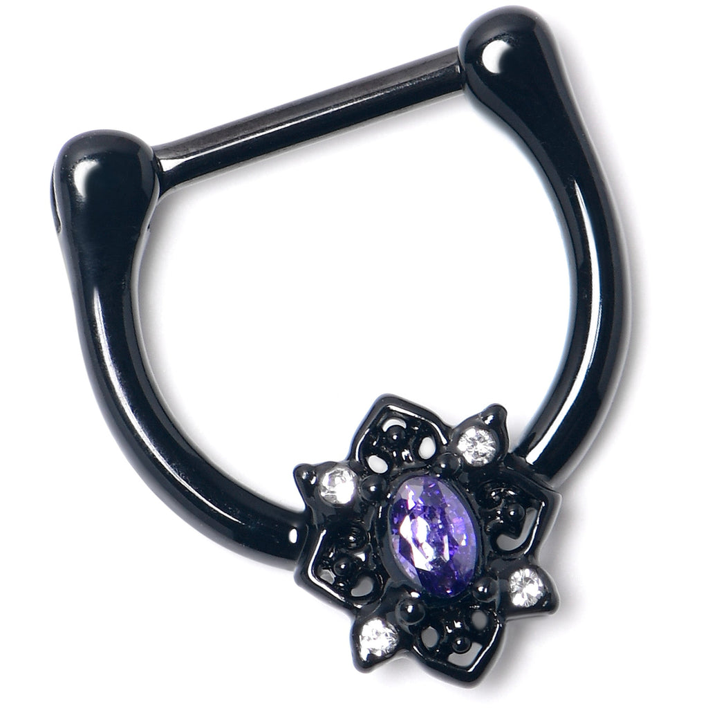 16G 5/16 Purple Gem Black Scrolling Hearts Cartilage Clicker