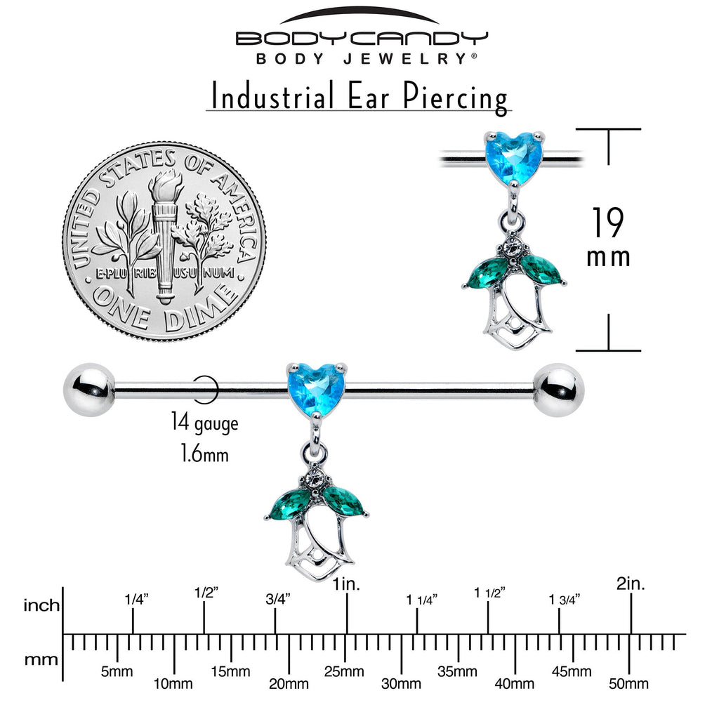 14G Blue CZ Gem Heart And Rose Dangle Industrial Barbell 38mm