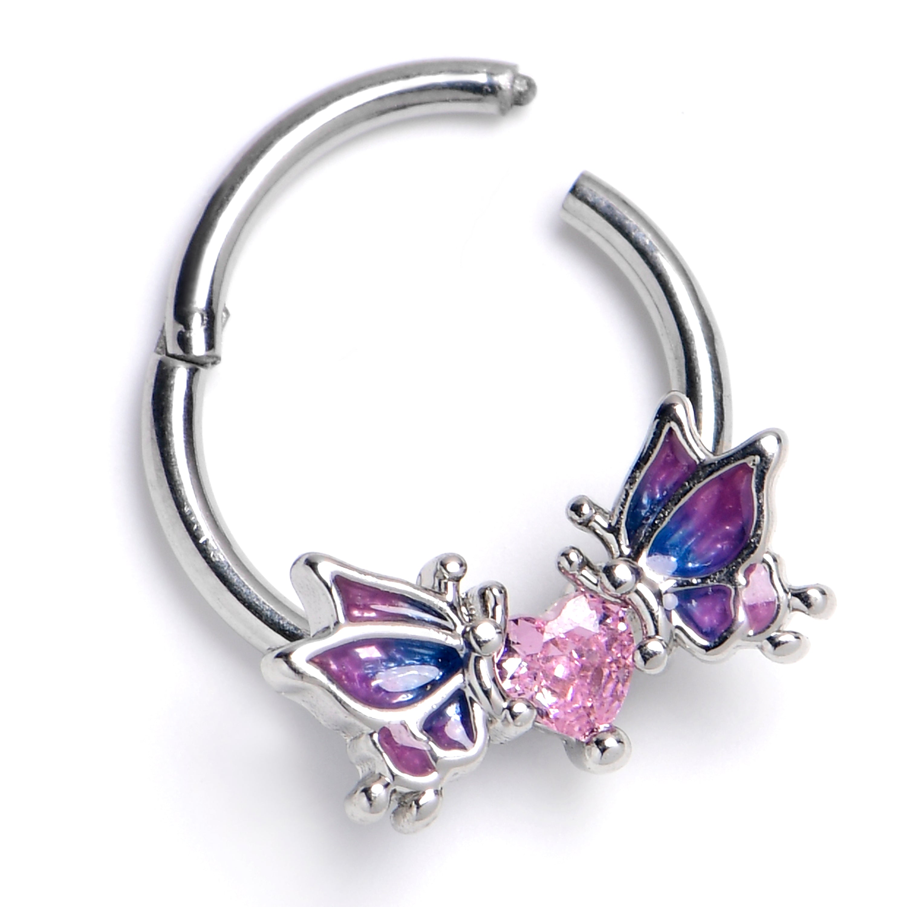 16G 3/8 Pink Gem Heart Butterfly Purple Hinged Segment Ring
