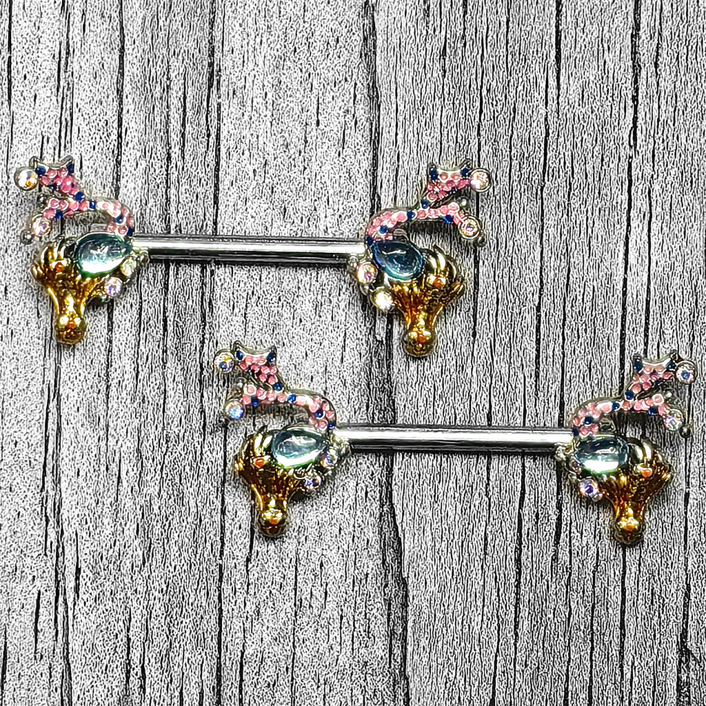 14G 9/16 Blue Aurora Gem Abstract Mermaid Barbell Nipple Ring Set