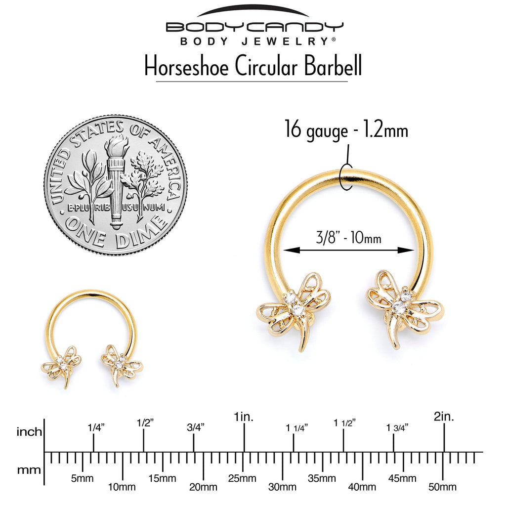 16G 3/8 Clear CZ Gem Gold Tone Dragonfly Deluxe Circular Barbell