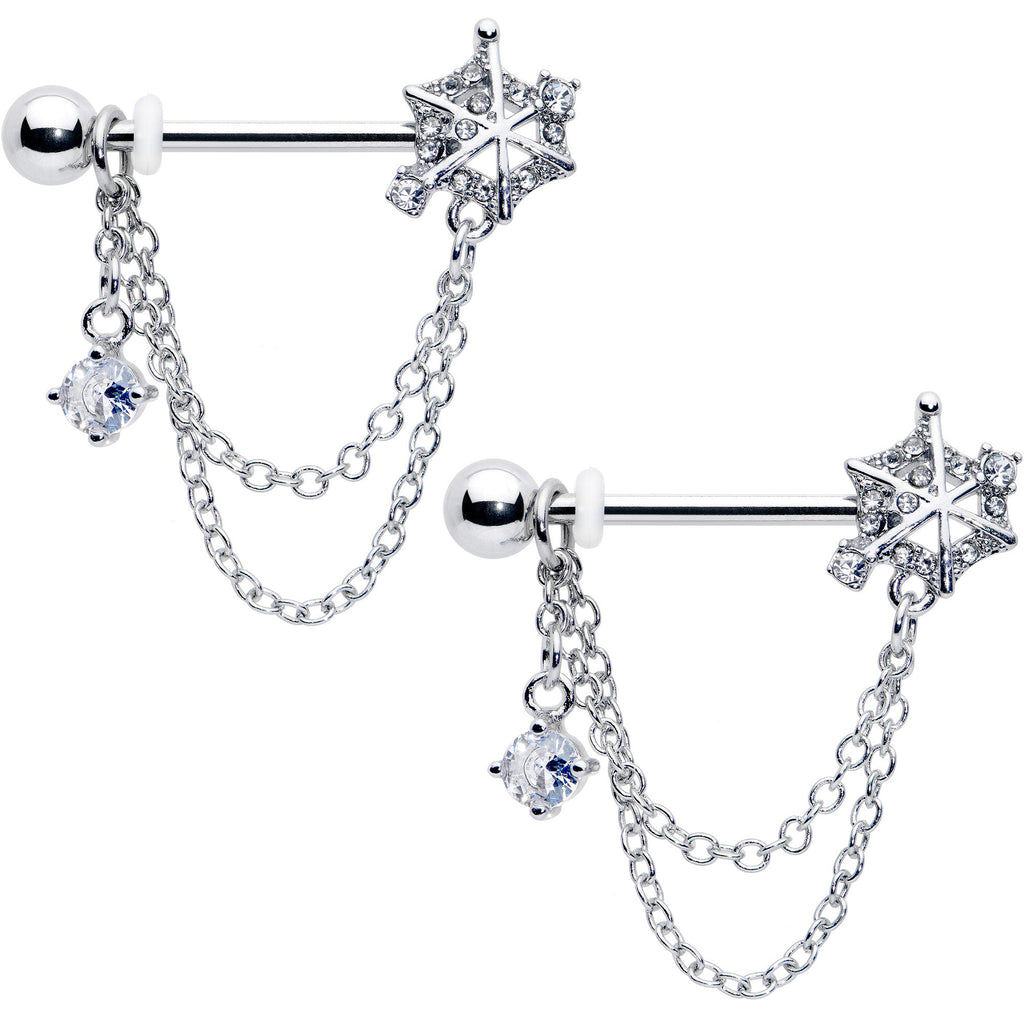 14G 9/16 Clear CZ Gem Spiderweb Chain Dangle Nipple Ring Set