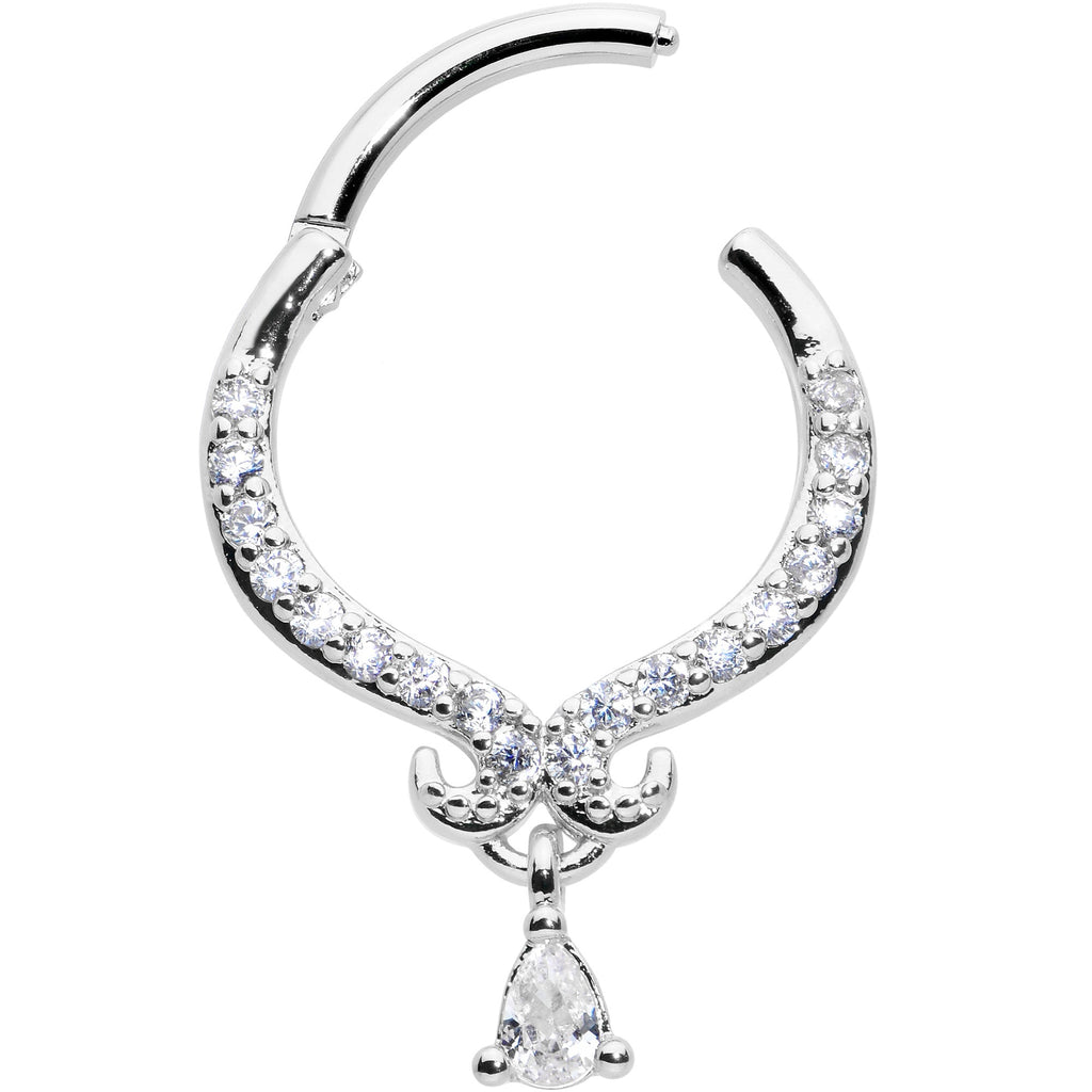 16G 3/8 Clear CZ Gem Elegant Curves Dangle Hinged Segment Ring