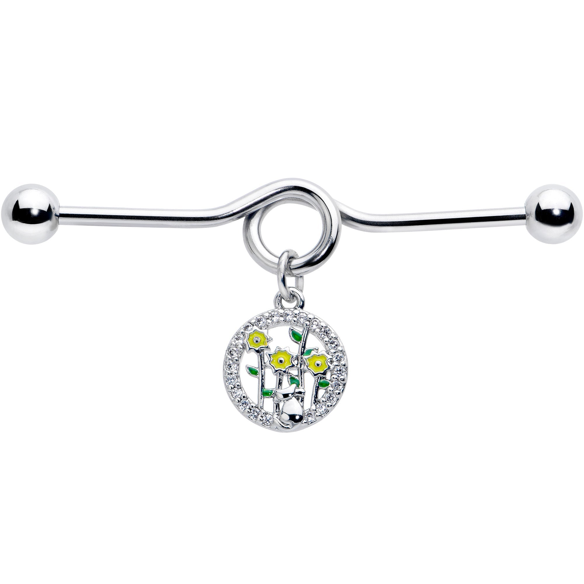 14G Clear Gem Cat Yellow Flowers Dangle Project Bar 38mm