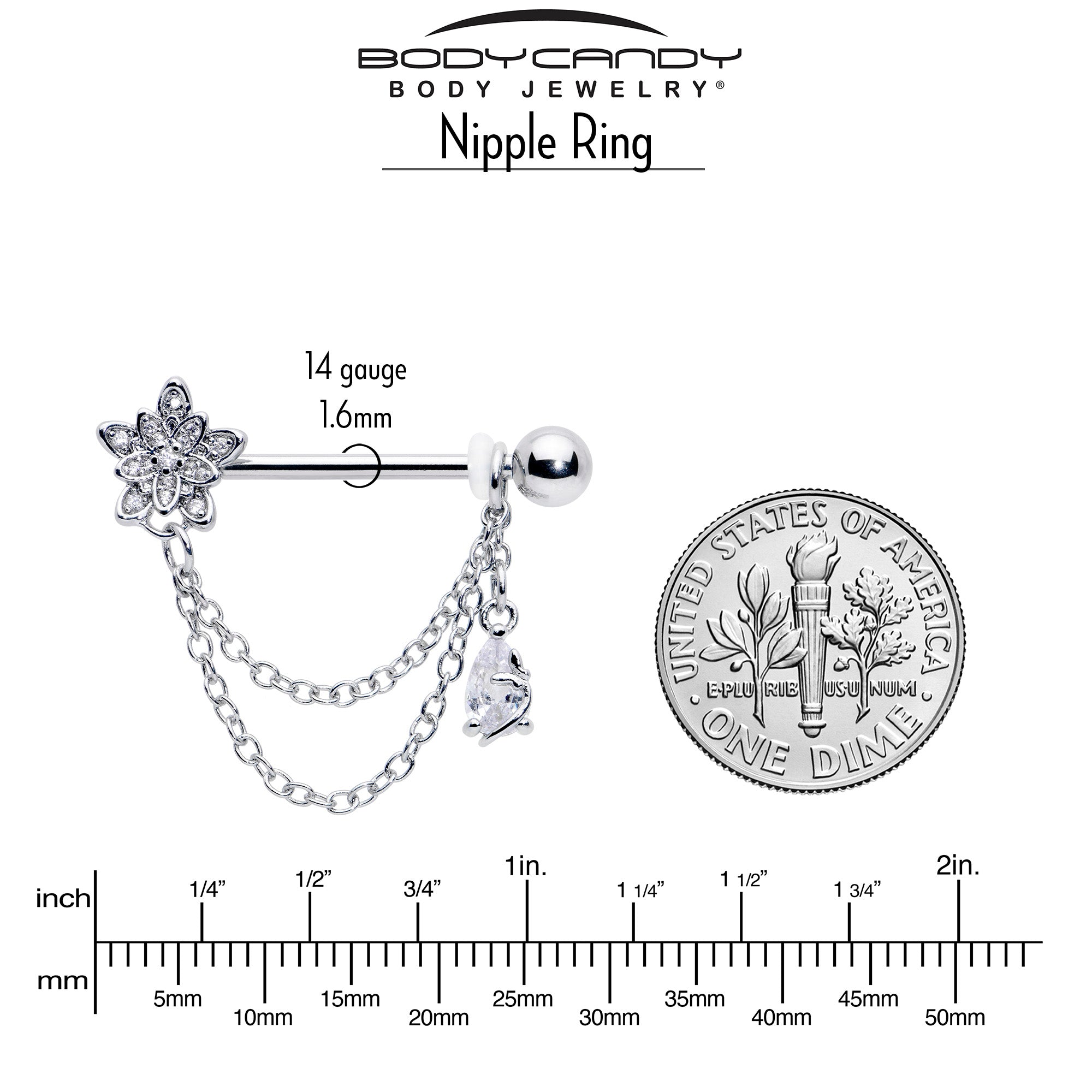 14G 9/16 Clear CZ Gem Snowflake Flower Chain Dangle Nipple Ring Set