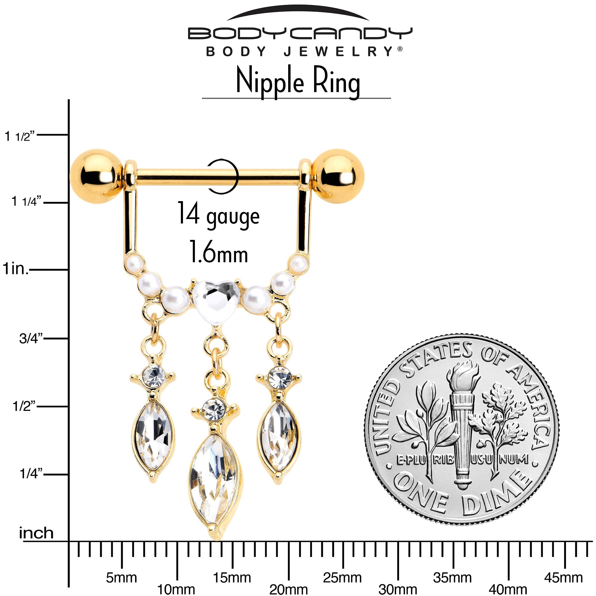 14G 9/16 Clear Gem Gold Tone Heart Triple Dangle Nipple Ring Set