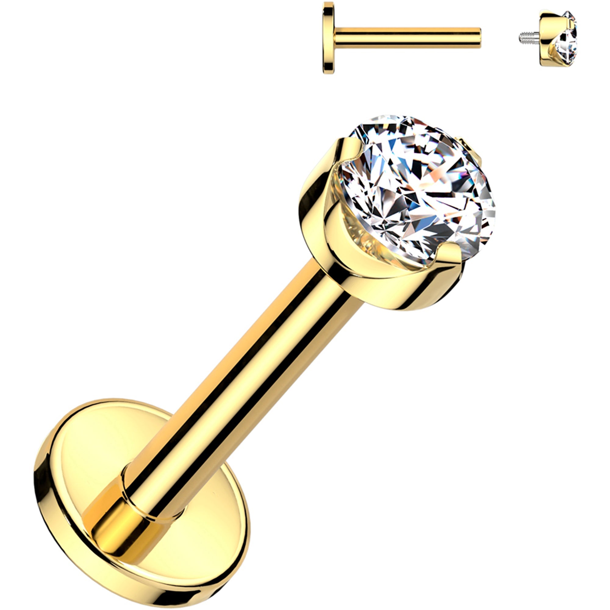 16G 5/16 3mm Clear CZ Round Gold PVD Medical Grade Titanium Flat Back Earring