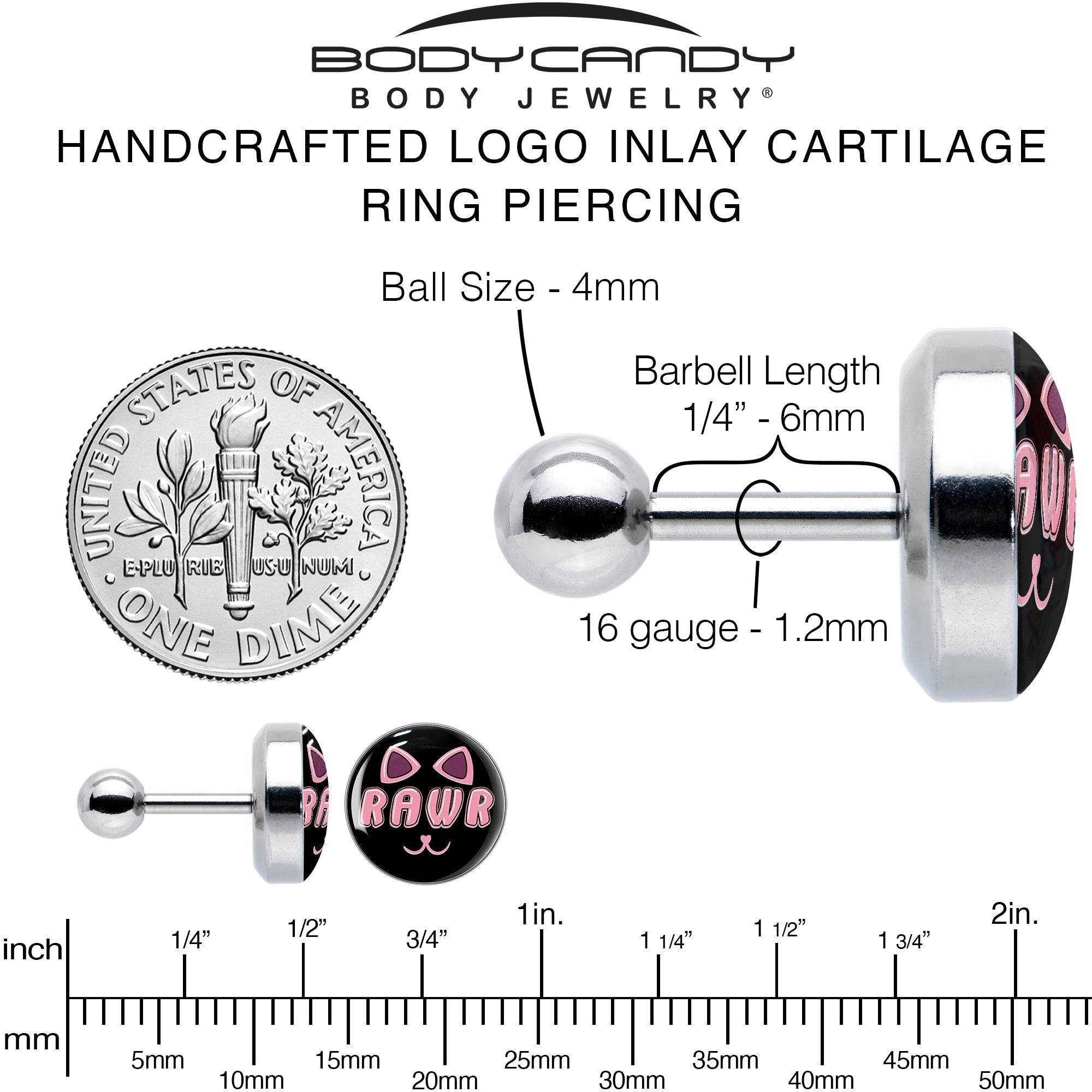 16G 1/4 RAWR Kittly Cat Tragus Cartilage Earring by Onyx O