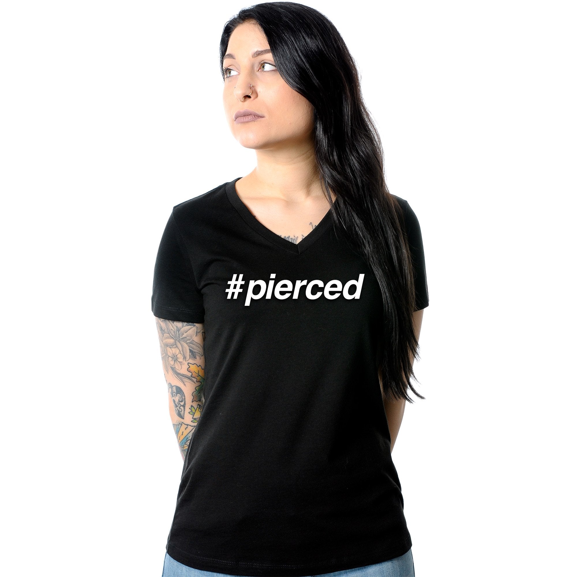 hashtag pierced Black Tapered V-Neck Tee Shirt