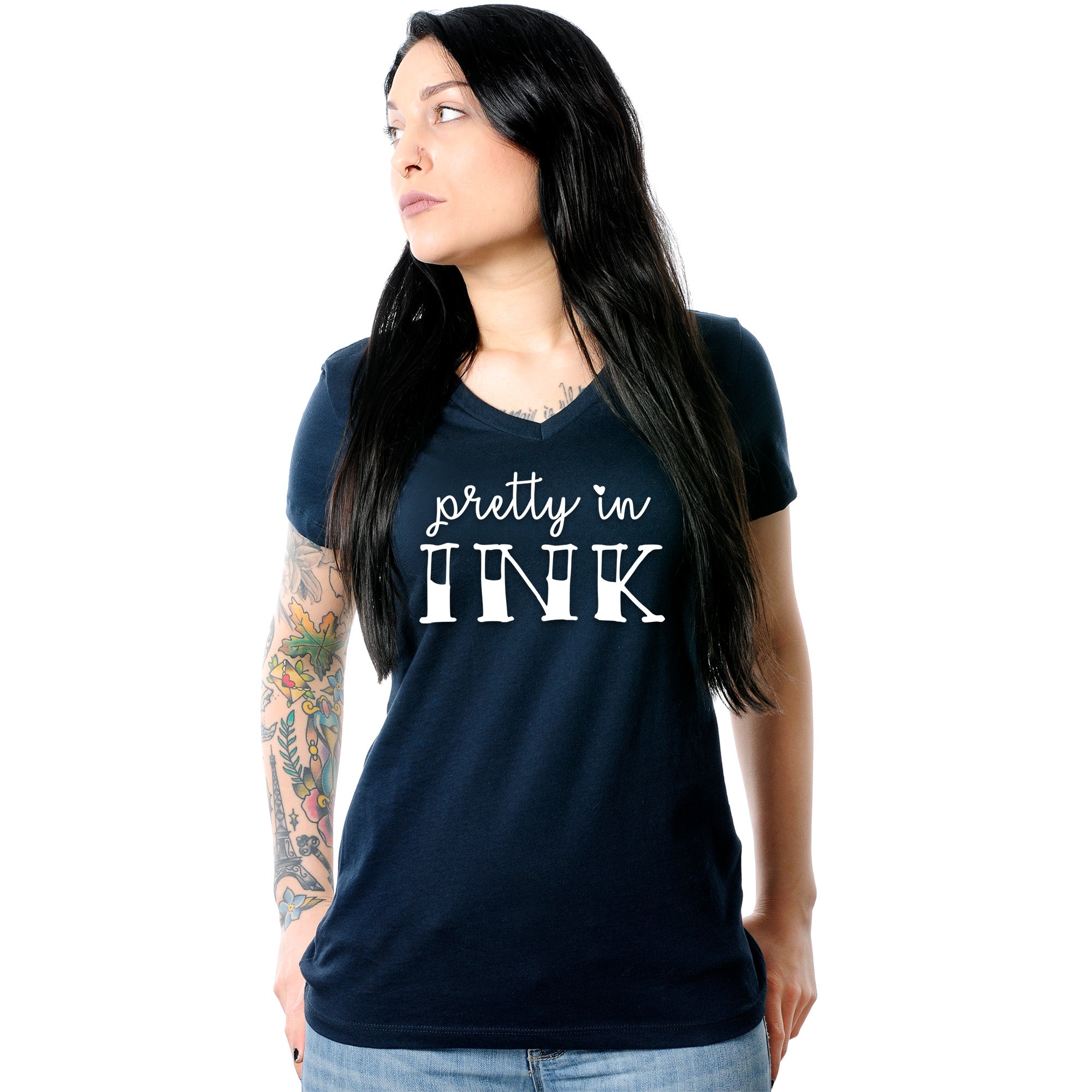 Pretty in Ink Navy Tapered V-Neck Tee Shirt